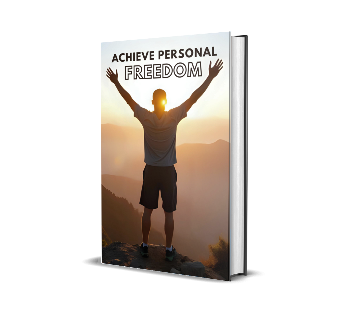 eBook titled 'Achieve Personal Freedom' with a person on a mountain top.