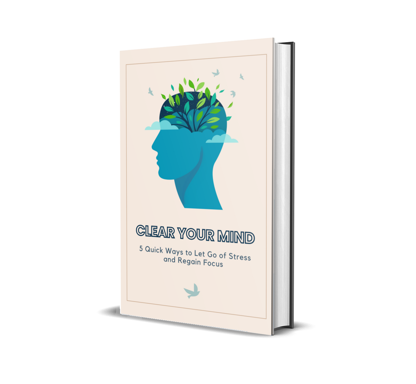 eBook titled 'Clear Your Mind' with a blue silhouette of a head and green leaves.