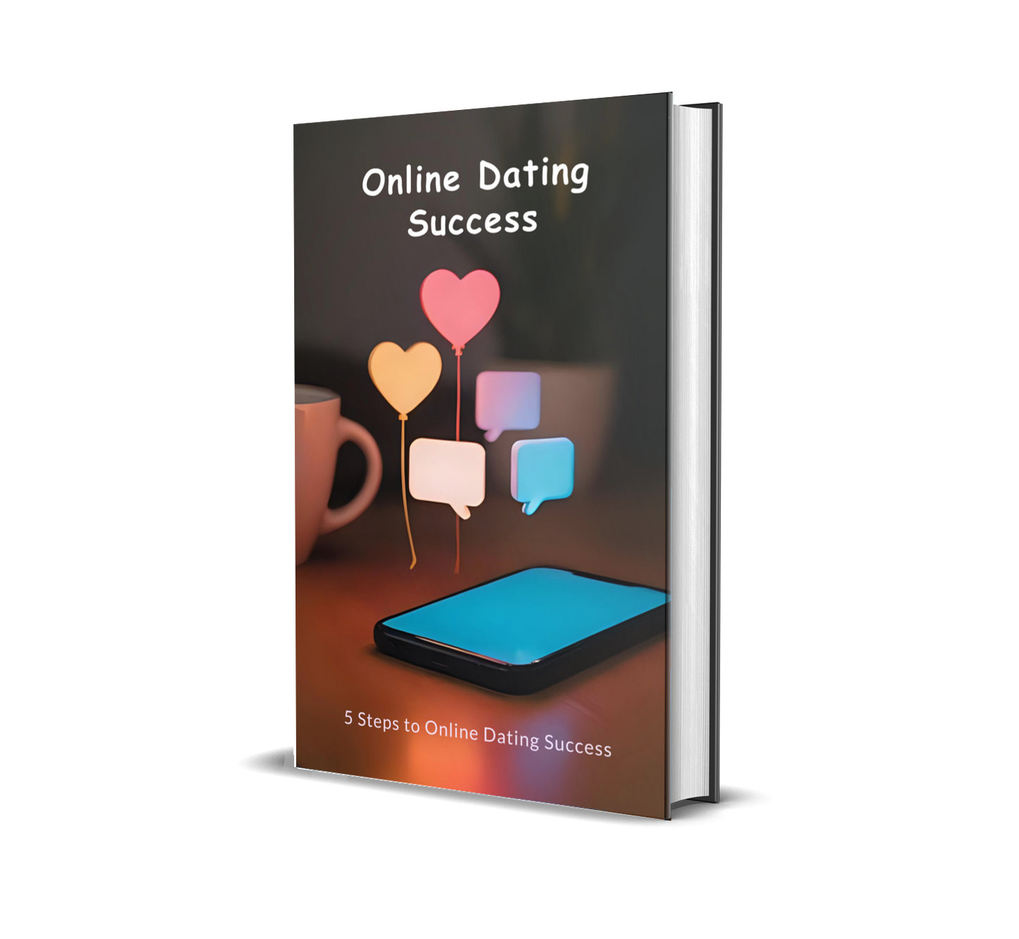 eBook titled 'Online Dating Success' with colorful balloons, texts, and a phone on the cover.