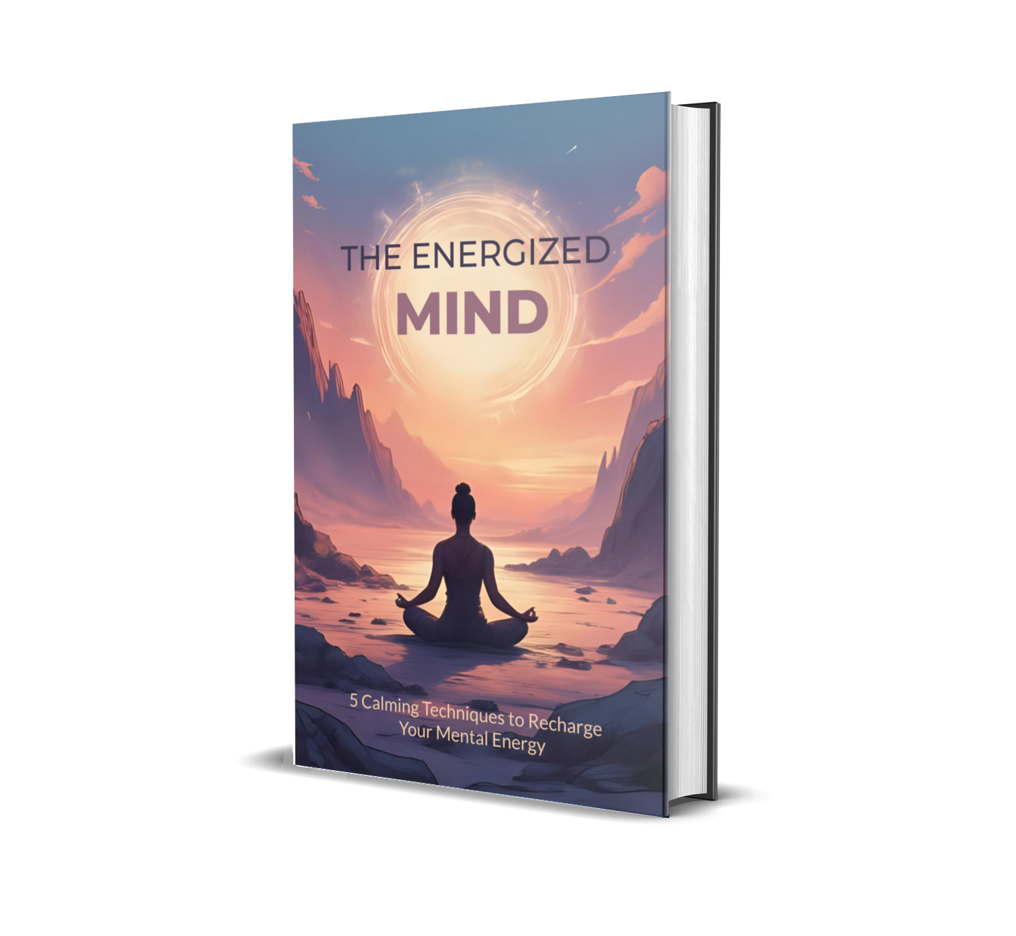 eBook titled 'The Energized Mind' with a meditating figure and sunset design on the cover.
