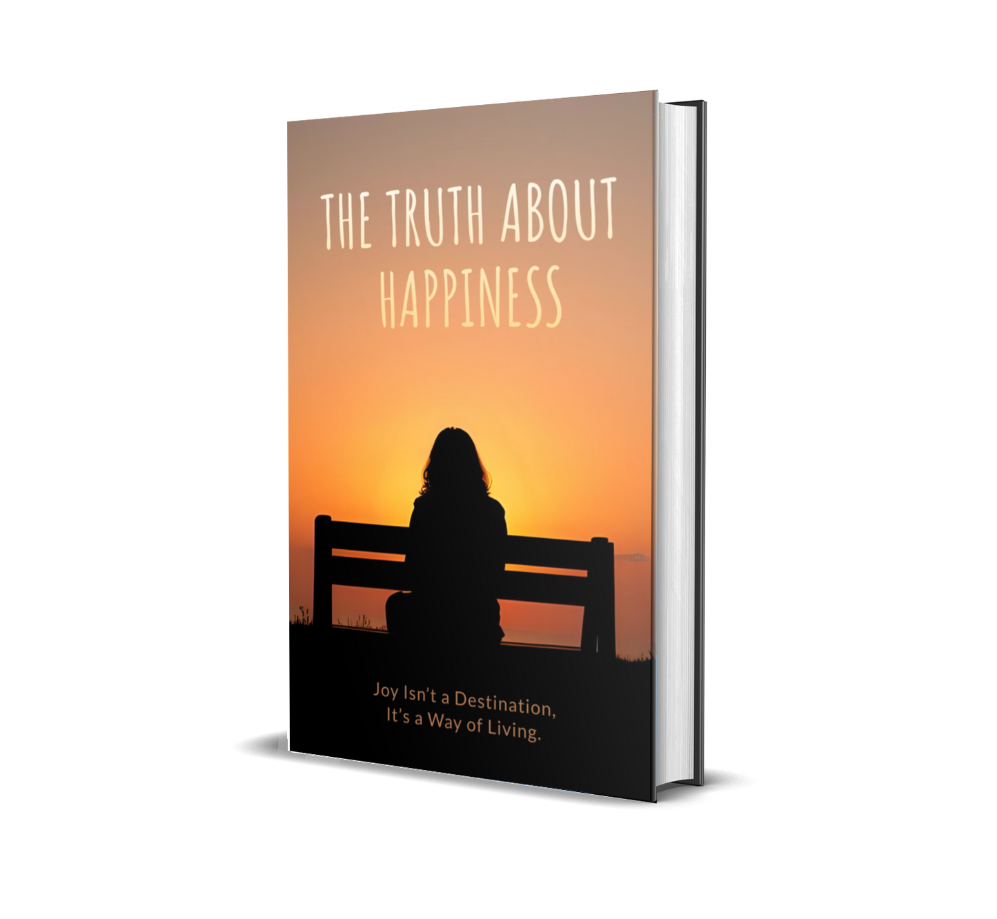 eBook titled 'The Truth About Happiness' with a silhouette of a person on a bench at sunset.