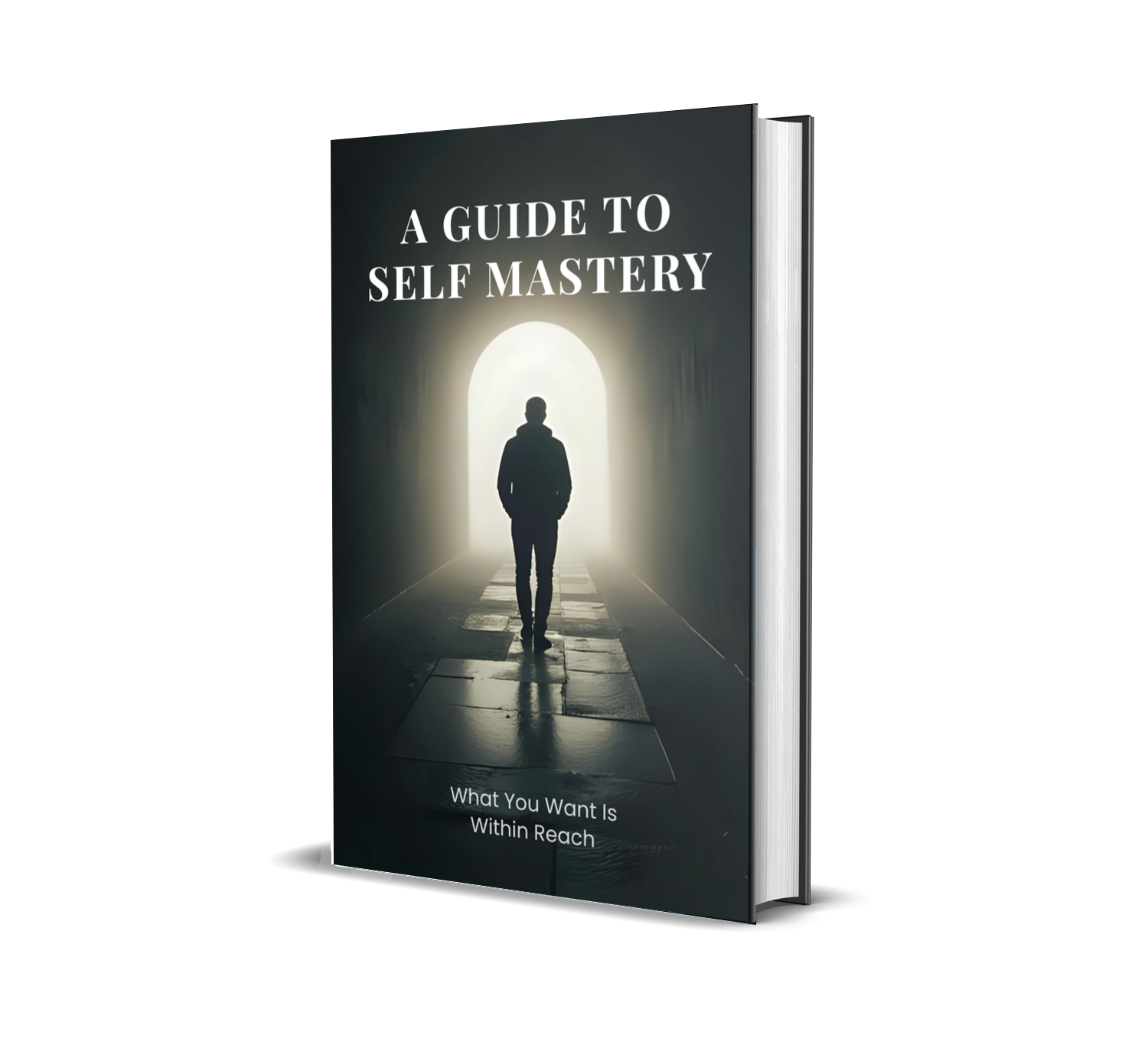 eBook titled 'A Guide to Self Mastery' with a silhouette of a person walking towards a bright light.