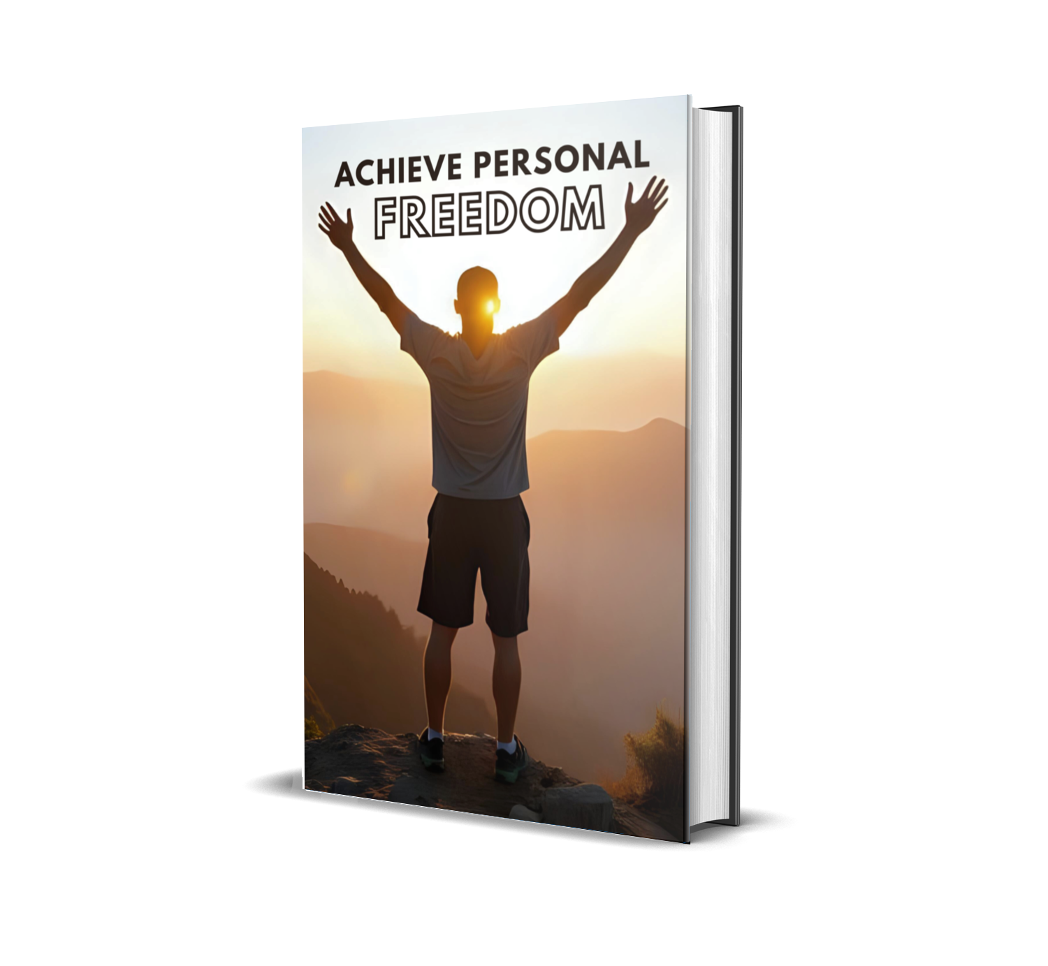 eBook titled 'Achieve Personal Freedom' with a person on a mountain top.