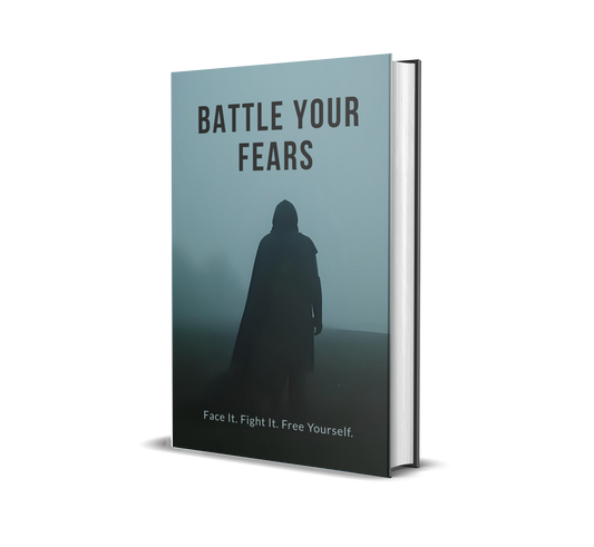 eBook titled 'Battle Your Fears' with a silhouette of a person against a foggy background.