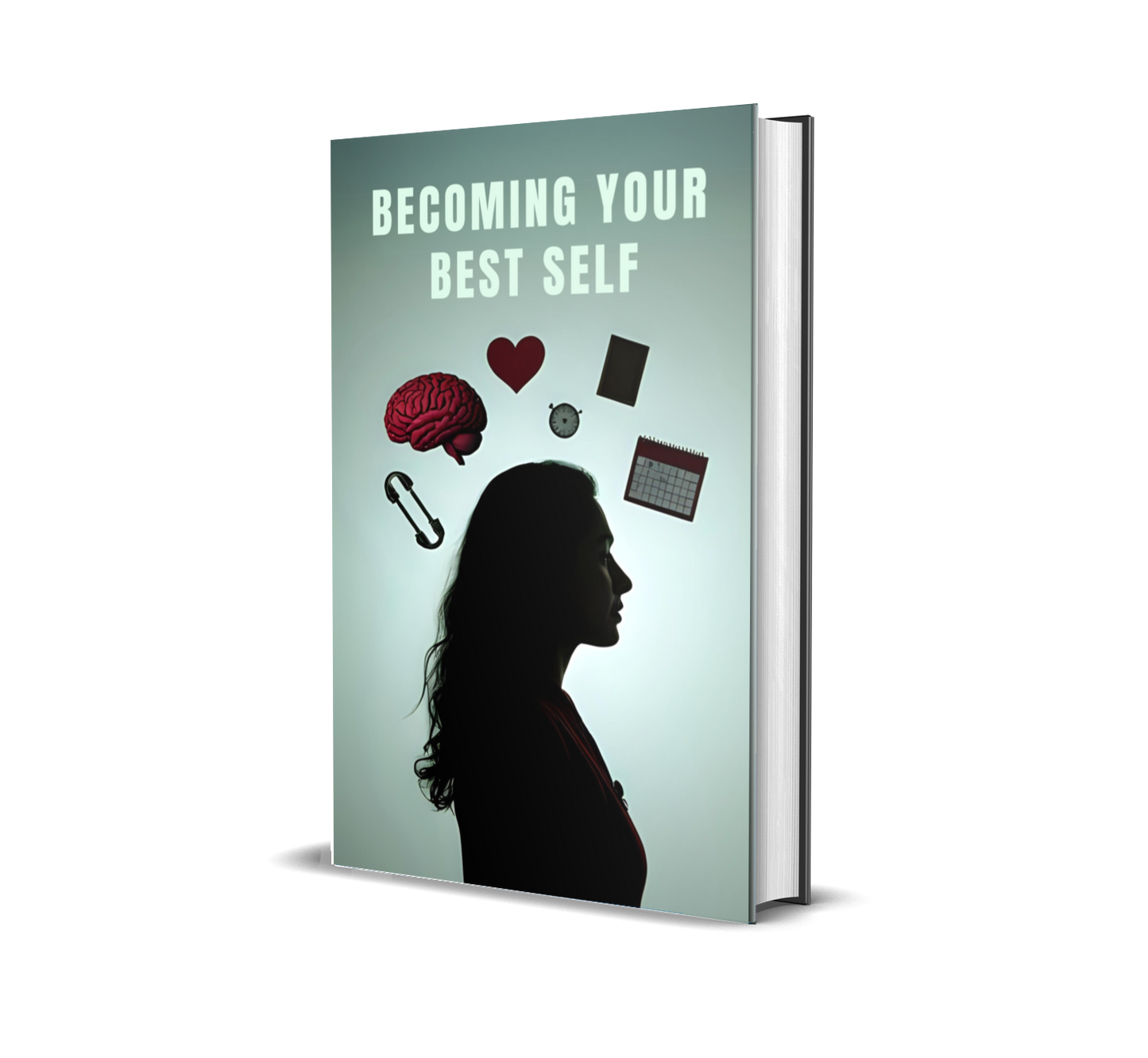 eBook titled 'Becoming Your Best Self' with a silhouette of a person and various icons above her head on a light green background.