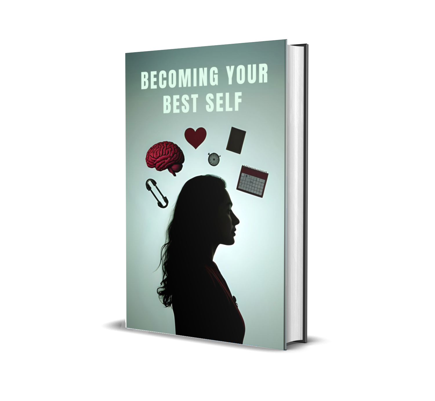 eBook titled 'Becoming Your Best Self' with a silhouette of a person and various icons above her head on a light green background.
