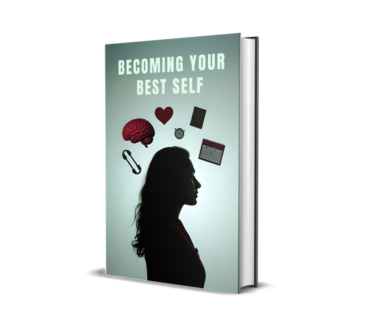eBook titled 'Becoming Your Best Self' with a silhouette of a person and various icons above her head on a light green background.