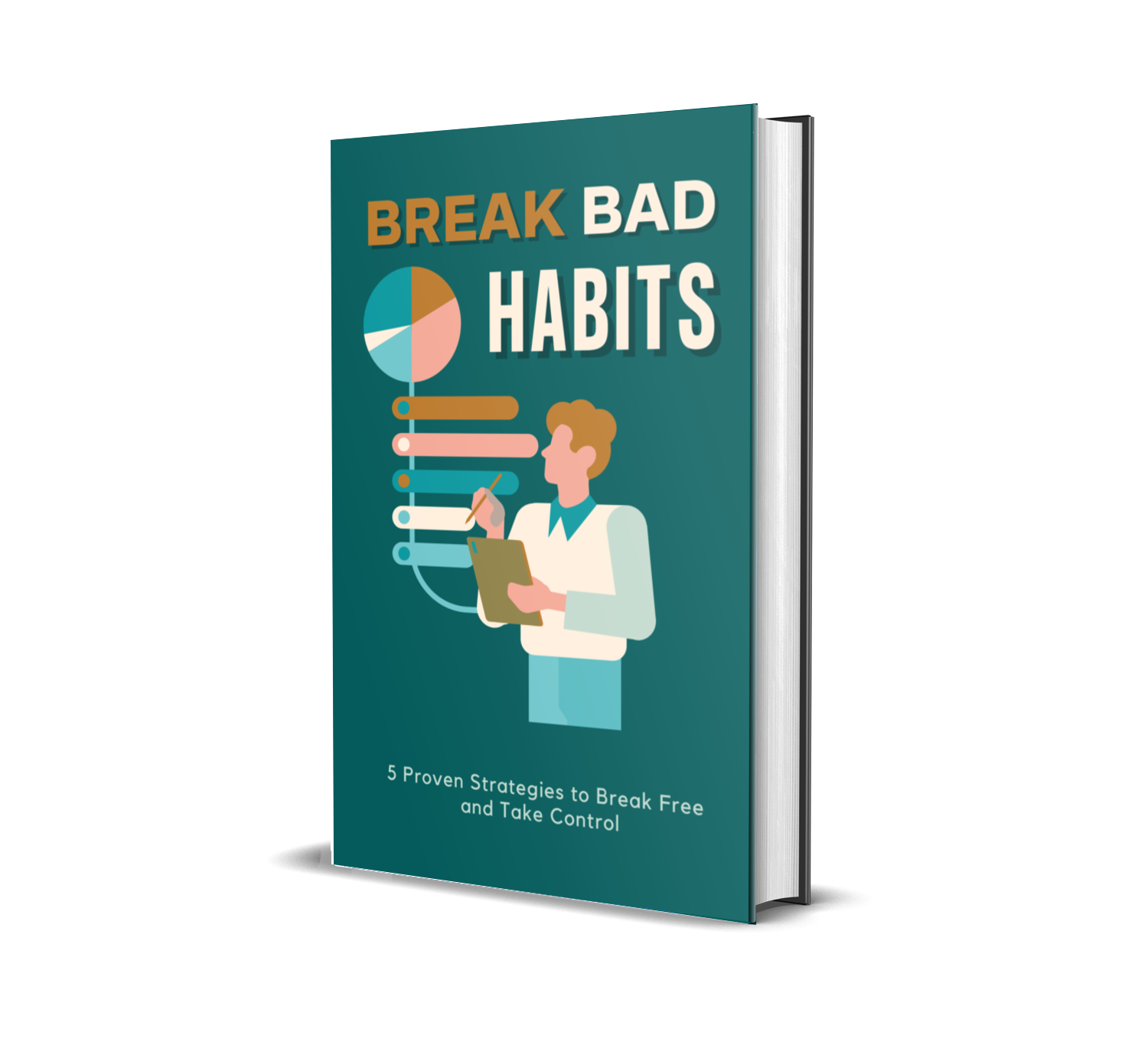 eBook titled 'Break Bad Habits' with a person holding a journal on a turquoise background.