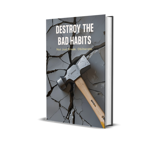 eBook titled 'Destroy The Bad Habits' with a hammer on a cracked background.