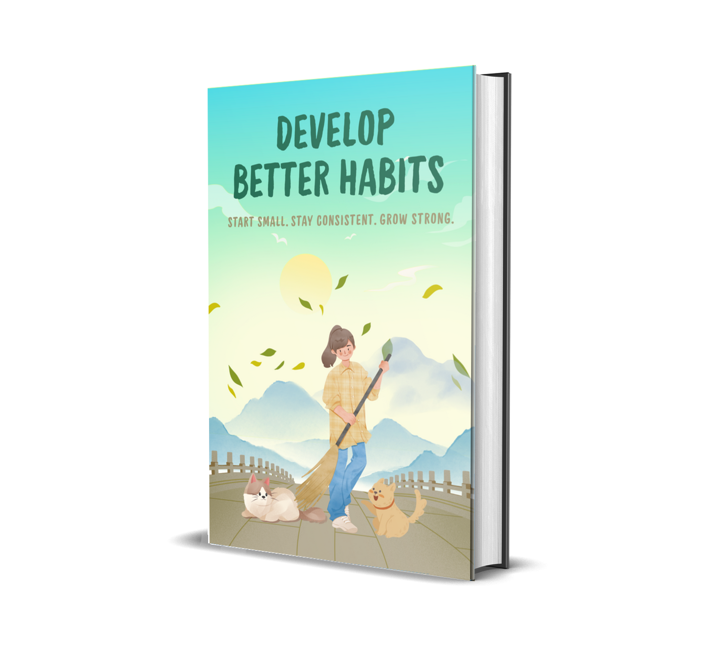 eBook titled 'Develop Better Habits' with a person, dog, and cat on a path with mountains in the background.