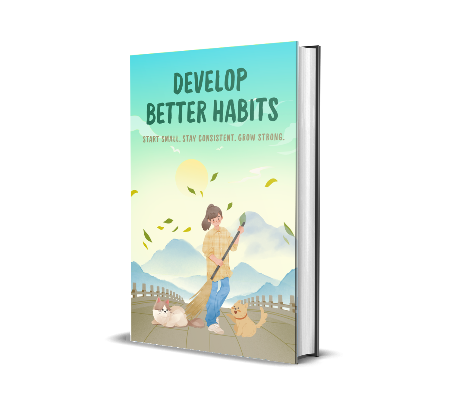 eBook titled 'Develop Better Habits' with a person, dog, and cat on a path with mountains in the background.
