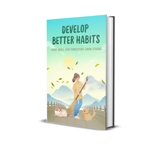eBook titled 'Develop Better Habits' with a person, dog, and cat on a path with mountains in the background.