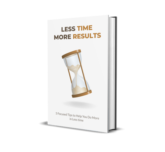 eBook titled 'Less Time More Results' with an hourglass illustration on a white background.