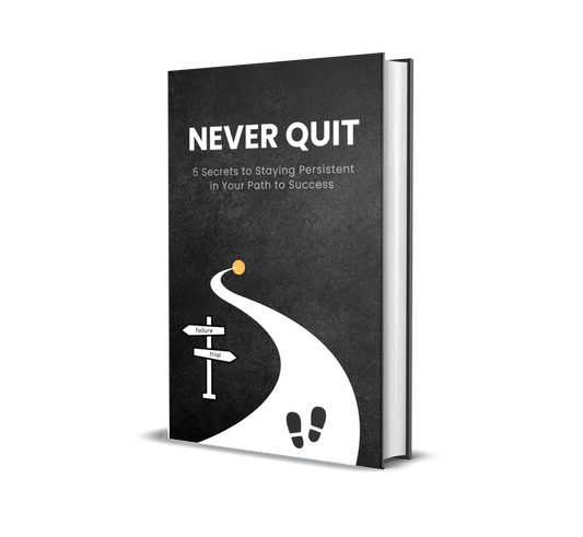 eBook titled 'Never Quit' with a black background cover and a white road leading to light.