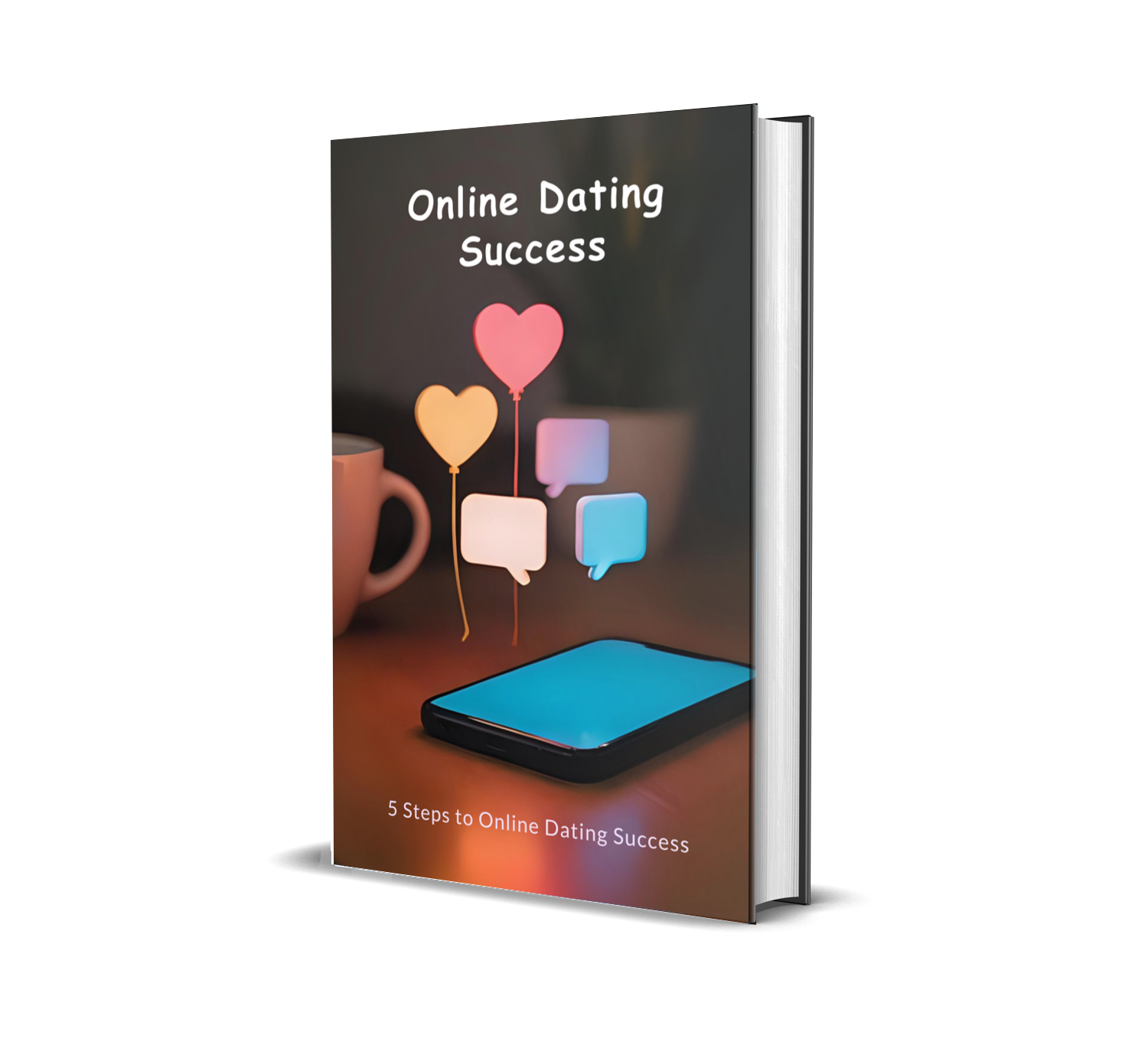 eBook titled 'Online Dating Success' with colorful balloons, texts, and a phone on the cover.