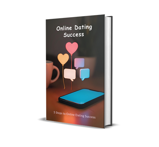 eBook titled 'Online Dating Success' with colorful balloons, texts, and a phone on the cover.