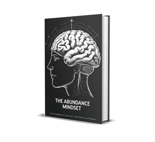 eBook titled 'The Abundance Mindset' with a brain illustration on a black background.