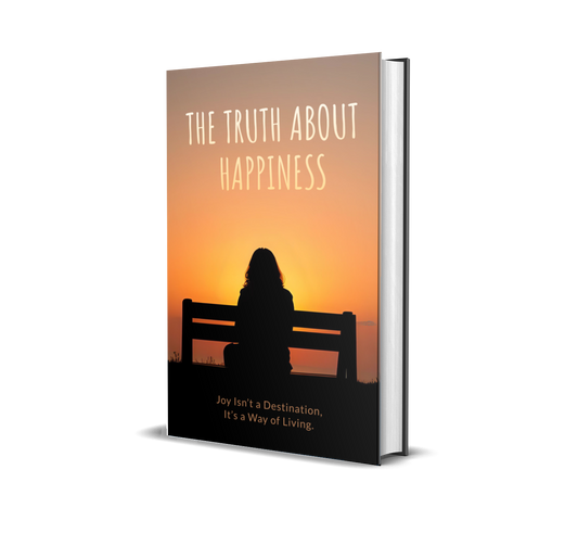 eBook titled 'The Truth About Happiness' with a silhouette of a person on a bench at sunset.