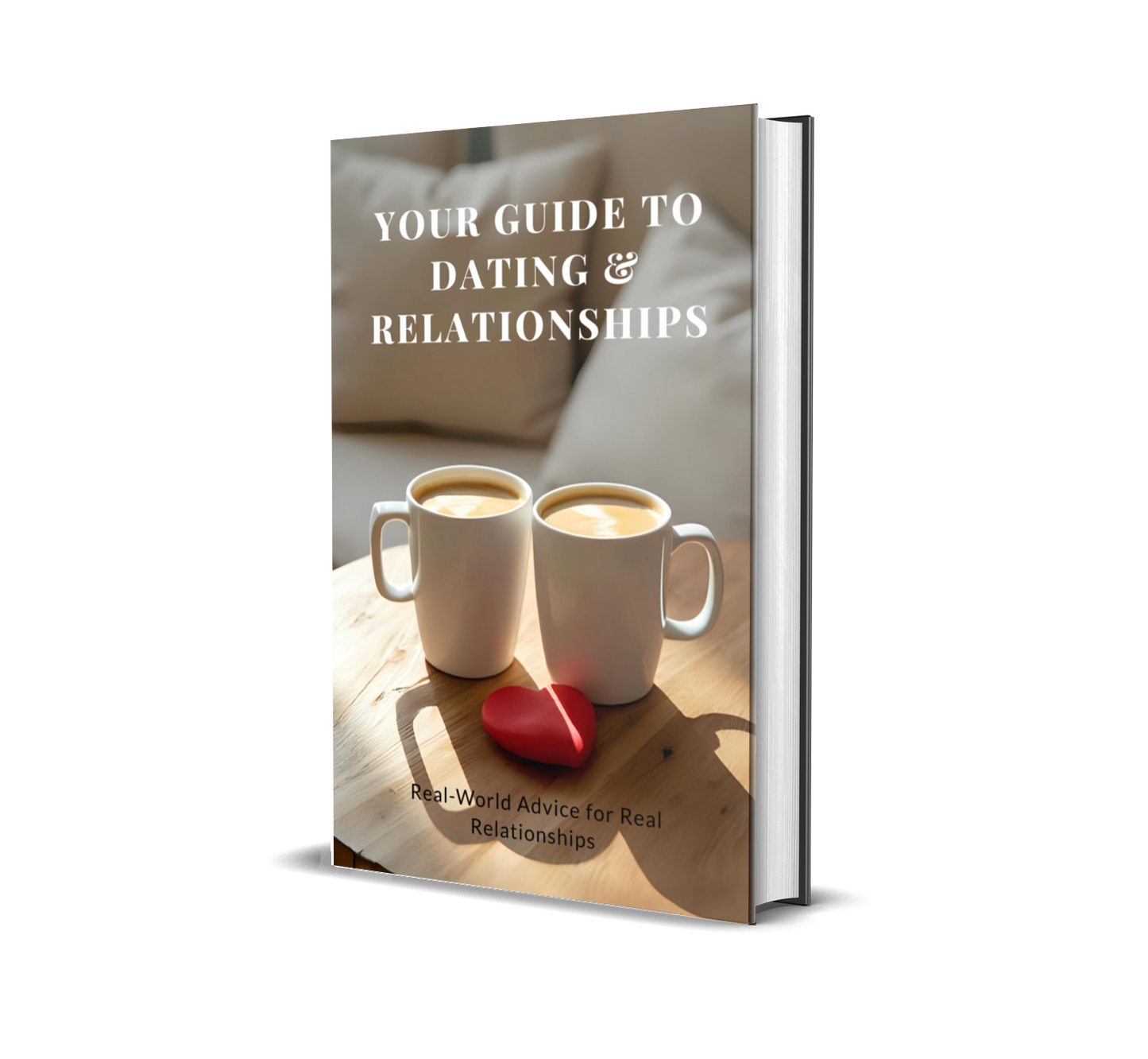 eBook titled 'Your Guide to Dating & Relationships' with two coffee cups and a heart on a wooden surface.