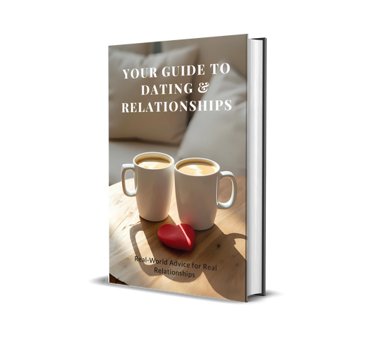 eBook titled 'Your Guide to Dating & Relationships' with two coffee cups and a heart on a wooden surface.